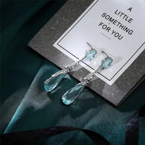 ♡Trendy Water Drop Blue CZ Stone Dangle Earrings♡ - Picture 2 of 6